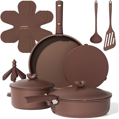CAROTE 17pcs Pots and Pans Set Non Stick, Gift Set Nonstick Cookware Die-cast Aluminum Detachable Handle, Dishwasher/Oven Safe, Induction Cooking Pot and Pan Sets, Coffee, RV Kitchen Cookwares
