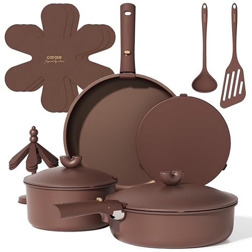 CAROTE 17pcs Pots and Pans Set Non Stick, Gift Set Nonstick Cookware Die-cast Aluminum Detachable Handle, Dishwasher/Oven Safe, Induction Cooking Pot and Pan Sets, Coffee, RV Kitchen Cookwares