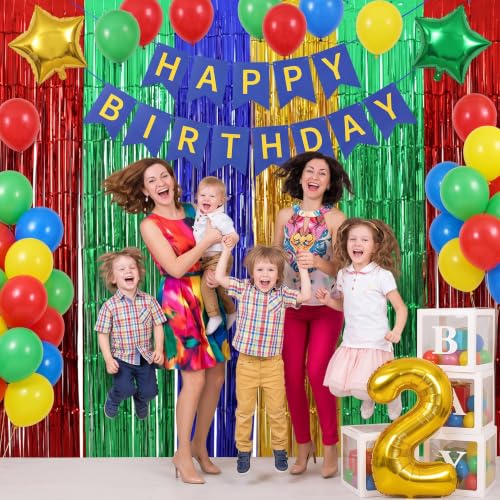 Image of TONIFUL 2Pcs Red Green Blue Yellow Metallic Foil Fringe Curtain Streamers | 3.3ftx6.6ft Photo Booth Backdrop Door Tinsel Streamer, Props for Birthday Graduation Baby Shower Summer Pool Party Decoration