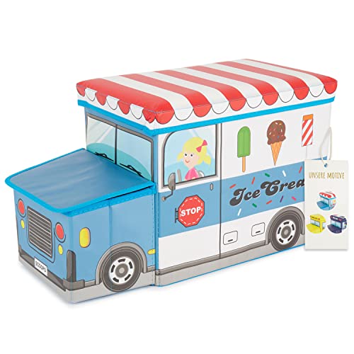 Bieco Baúl Juguetes Infantil Plegable Icecream | Taburete con Asiento y Acolchado Cargable hasta 80 Kg | 46 L | Caja Almacenaje Juguetes Infantil Baul Juguetes Infantil Organizador de Juguetes Bebe