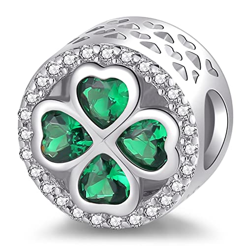 St Patricks Day Clover Charms For Women - 925 Sterling Silver Four Leaf Clover Bead Fit Pandora Bracelet & Necklace Jewelry Green Shamrock Charm Bracelet Gifts For Women Girls #TOP2