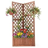 COSTWAY Jardinera con Enrejado para Trepar, Cama de Jardín Elevada de Esquina con Agujeros Drenaje para Plantas Trepadoras, Flores, Verduras y Hierbas, Caja de Cultivo de Pie, 55x55x140 cm (Marrón)