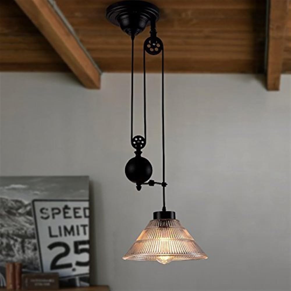 Lámpara colgante de techo industrial en hierro y vidrio con polea ajustable y casquillo E27