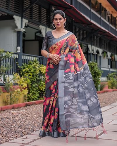 Image of Kaugalian store Linen Cotton Floral Printed Saree for Women with Unstitched Blouse Piece | 5.5 M Saree & 0.8 M Blouse