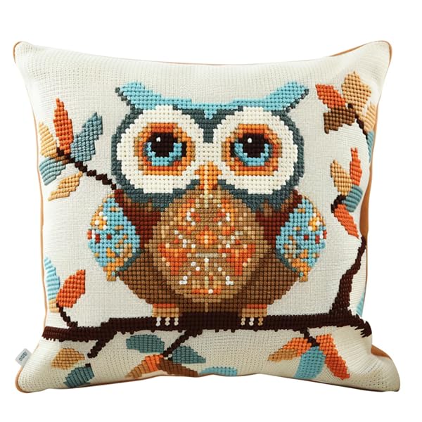 Lfynior Cross Stitch Cushion Kit Owl Tapestry Pillow kit 45X45cm DIY Cushion Embroidery Kit Needlepoint Handmade Needlework Cushion Kit Stitched Pillow Cover Kit for Adults Beginners
