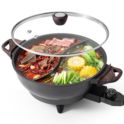 SENSCHEF TWIN™ Electric Hot Pot with Divider | PFAS-Free Ceramic Nonstick Pot | EvenHeat Cast Aluminum Body | 1500W Fast Heating | Dual-Flavor Shabu Shabu Pots for Family Use | 1-Yr Warranty