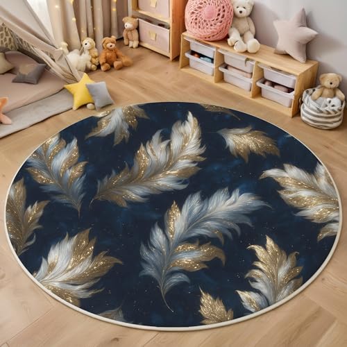 Tapis rond lavable en machine plumes dorées 200cm platine pour salon - 4