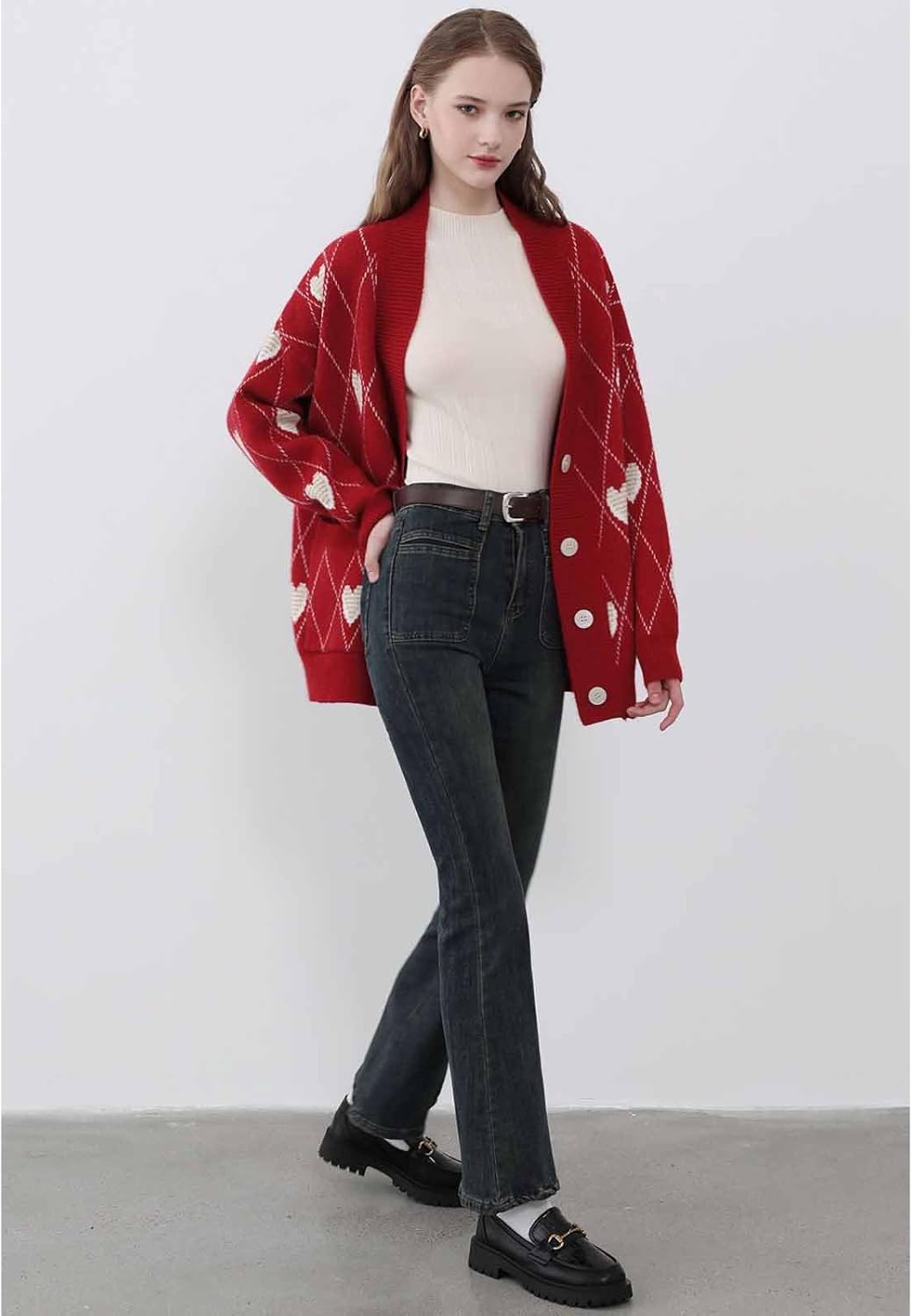 CHICWISH Women's Hearts Print Button Down Cardigan Sweaters V-Neck Long Sleeve Cropped Knit Sweater Cardigan with Pockets Red - Image 9