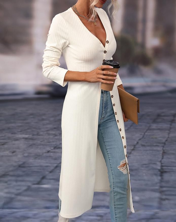 Women Slim Fit Knitted Shirt Dress Flattering Long Sleeve V-Neck Slit Hem Button Maxi Dress Cardigan2
