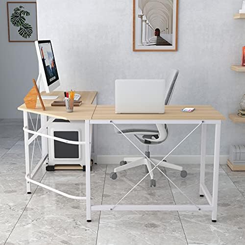 DlandHome Corner Desk L Shaped Computer Desk, Composite Wood & Metal, Laptop Study Workstation Pc Desk for Home Office Corner Table with CPU Stand Maple & White