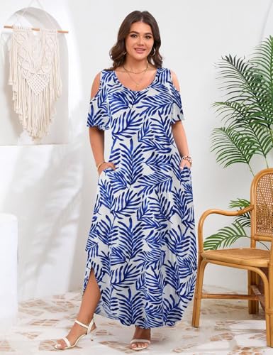 Image of JollieLovin Womens Plus Size Casual Summer Maxi Long Dress Cold Shoulder V Neck Beach Sundresses