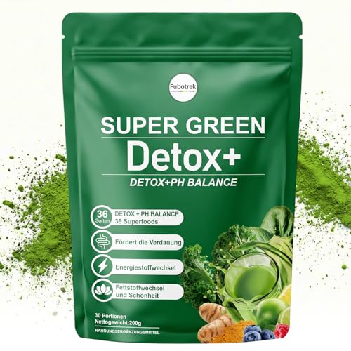 Grüne Entgiftungspulver 200g Grüner Superfood Helfer Pulver Greens Pulver Helfer mit 36 Pflanzenstoffen inkl. Spirulina & Weizengras Matcha Rich in Makro- & Mikronährstoffen & Fiber PH-Balance