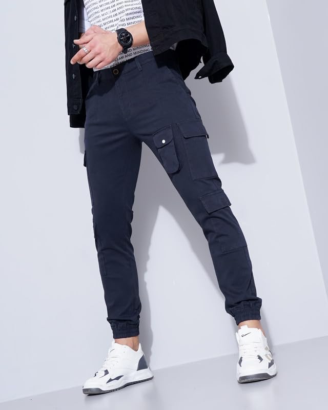 Image of British Club 98% Cotton, 2% Elastane Slim Fit Cargo Jogger Pants | Flat-Front Design | Adjustable Waistband | Multiple Pockets | Lightweight Fabric | Modern Style | Comfortable | Durable Black