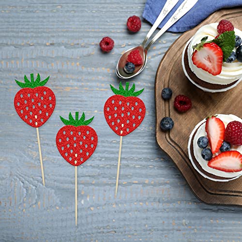 24Pcs Strawberry Cupcake Toppers Red Glitter Fruit Theme Strawberry Cupcake Pick Decorations for Summer Sweet Fruit Baby Shower Kids Birthday Party Cake Decorations Supplies