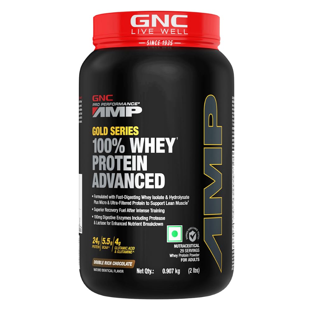 AMP Gold Series Whey Protein Advanced | 2 lbs | Lean Muscle Gains | Intense Workout | Informed Choice Certified | 24g Protein | 5.5g BCAA | 4g Glutamine | Double Rich Chocolate| Formulated In USA