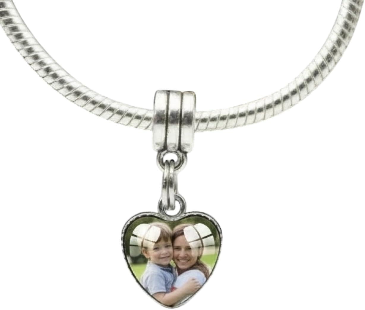 Personalised Photo Heart Charm for European Bracelets - Custom Jewelry Gift with Custom Picture Sealed Under Glass - Unique Memory Keepsake - Gift Mum, Wife, Daughter, Girlfriend Christmas Birthday