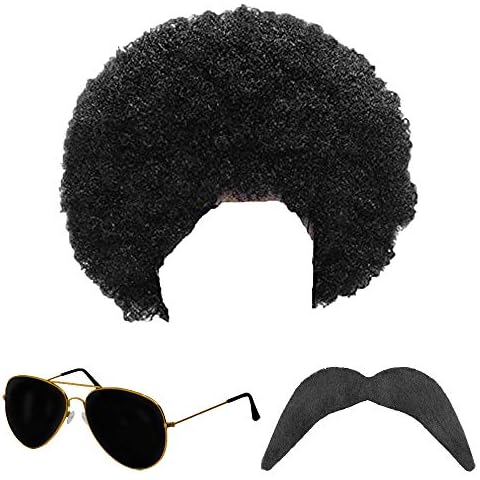 1980s 80s Scouser Black Afro Wig, Moustache and Aviator Sunglasses Fancy Dress Cover