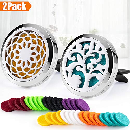 2 UNIDS Coche Aromaterapia Aceites Esenciales Difusor Ambientador 30mm Acero Inoxidable Negro Locket Vent Clip + 32 unids Almohadillas de Recarga (Girasol y Árbol de la Vida (Plata B))