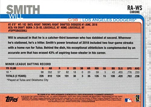 2019 Topps Chrome Baseball #RA-WS Will Smith Certified Autograph Rookie Card - Dodgers Catcher