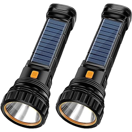 2pcs Solar/Rechargeable Multi Function 1000 Lumens LED Flashlight, with Emergency Strobe Light and 1200 Mah Battery, Emergency Power Supply and USB Charging Cable, Fast Charging (2PC)