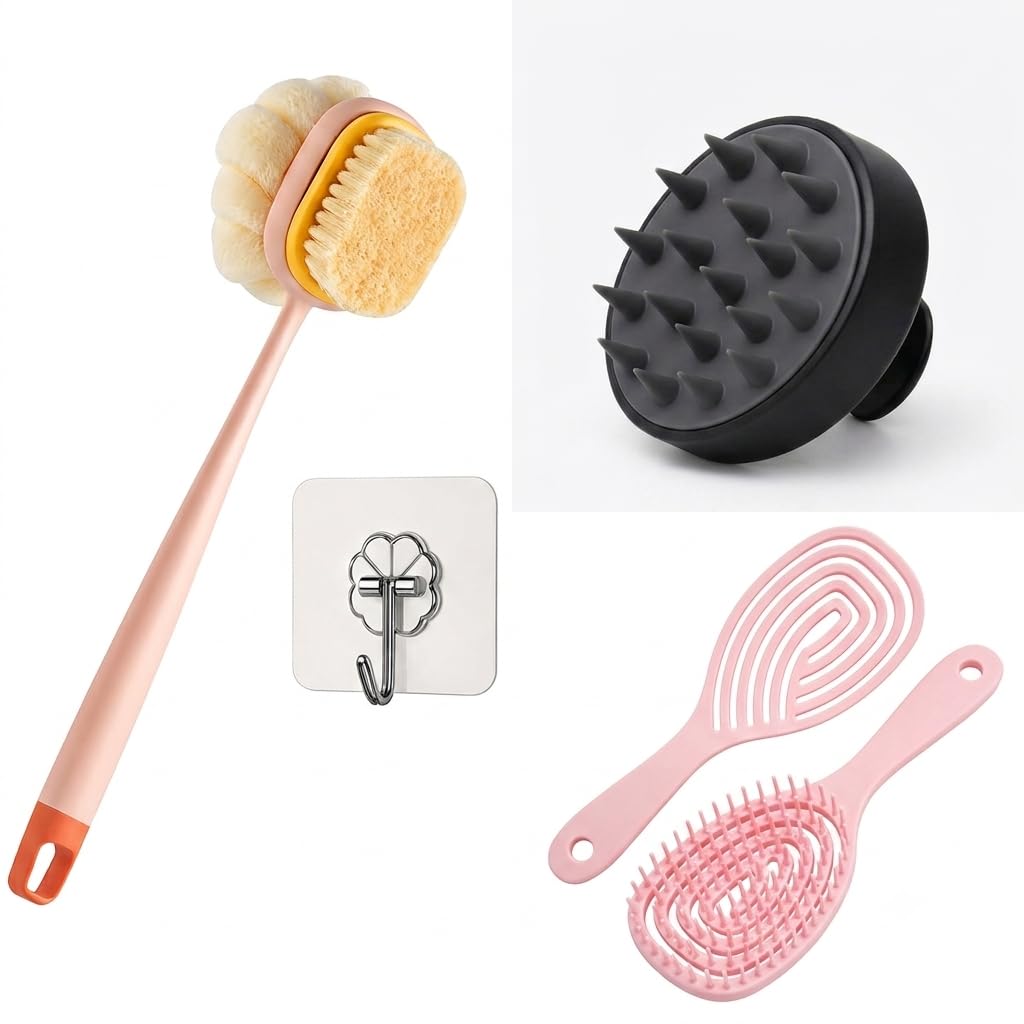 Combo Bath Cleaning Brush Set – Long Handle 2-in-1 Body Brush with Bristle & Sponge, Silicone Scalp Massager, Detangling Hair Brush & Wall Hook Sticker for Women & Men-image-8