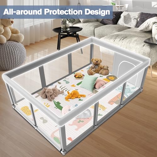 Image of Baby Playpen with Mat 74 inch x50 inch, Large Play Yards Indoor & Outdoor, Sturdy Safety Baby Play Pen with Soft Breathable Mesh, Toddlers Play Pen with Anti-Slip Base, Waterproof Mat Included