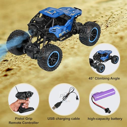 Image of Power Metal RC Monster Truck with Water Spray Smoke Effect - 2.4GHz Remote Control Off-Road Big Wheel Toy | Rechargeable 4x4 Stunt Car with Turbo Mist for Kids 6+ Years(Smoke Crawler - Blue)