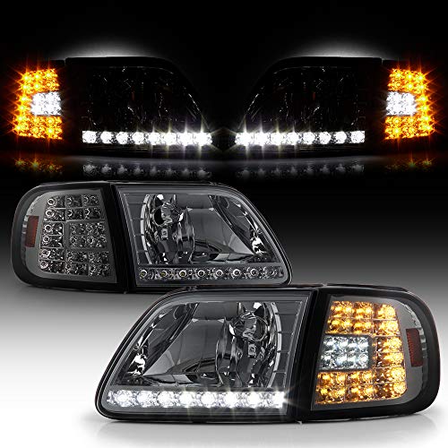 ACANII - For Smoked 1997-2003 Ford F150 Expedition LED Strip DRL Headlights+LED Corner Lights Driver & Passenger Side