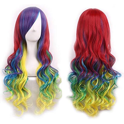 ColorfulPanda Long Wavy Curly Wigs for Women Synthetic Hair Wig Cosplay Wigs for Women Girl Fancy Dress Costume Hallowen Party (Red Purple Blue Yellow) Cover