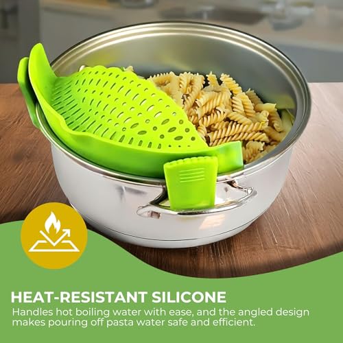 Performore Compact Universal Silicone Snap-On Pot Strainer | Heat-Resistant Clip-On Food Colander | BPA-Free Pasta, Vegetable & Soup Drainer | Dishwasher Safe Kitchen Tool