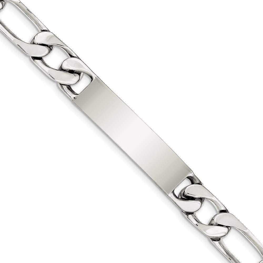 Polished Engravable Personalized Custom 925 Sterling Silver Polished Figaro Link ID Bracelet For Men Length 8.5 inches Width 12 mm