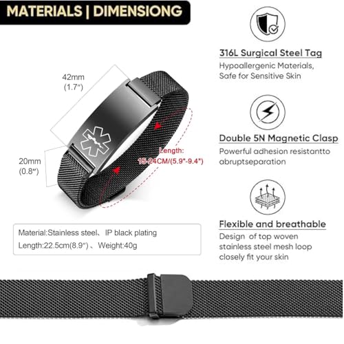 Medical Alert Bracelets, Personalized Customized Emergency id Bracelet, Custom Engraving Adjustable Magnetic Connector Mesh Loop Design Stainless Steel Breathable Waterproof4