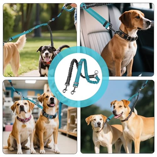 1 Stück Kein Verheddern 360° drehbarer Splitter Doppelleine fur Zwei Hunde,Doppelte Hundeleine,Verstellbare stoßdämpfende Bungee-reflektierende Leine für Hunde klein mittlere und große Lauftraining.