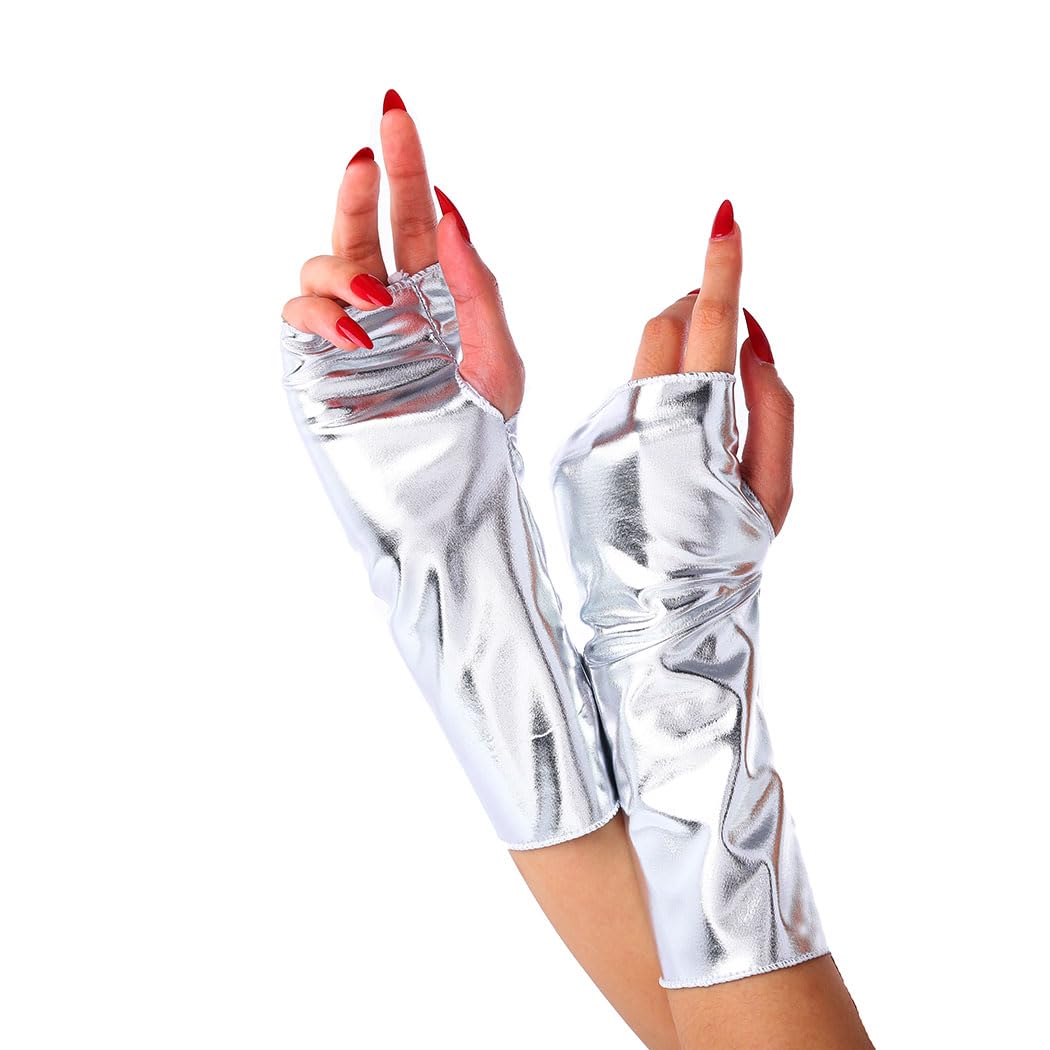 Aularso Punk Fingerless Glove Silver Show Fingerless Glove Shiny Stretchy Gloves for Women and Girls (Silver)