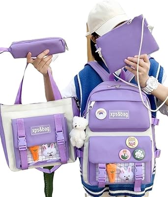 Genérico – Mochila Escolar Femininas Casuais Conjunto com 4 Peças, Estilo Casual cor Roxa