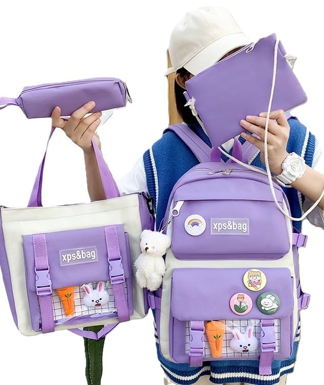 Genérico - Mochila Escolar Femininas Casuais Conjunto com 4 Peças, Estilo Casual cor Roxa