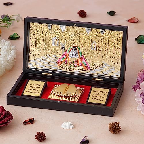 Image of 24K Gold Plated Religious Frame Rectangular Photo Frame Tabletop with Charan Paduka Return Gifts for Home Puja Office (SOMNATH SHIVLING), 8.25 x 4.5 Inch