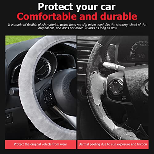 Car Fluffy Steering Wheel Cover, Elastic Soft Plush 15 Inch Steering Wheel Protector, Warm Furry Short Fleece And Non-Slip For Winter, Auto Interior Accessories Universal For Women Girl (Gray) #TOP2