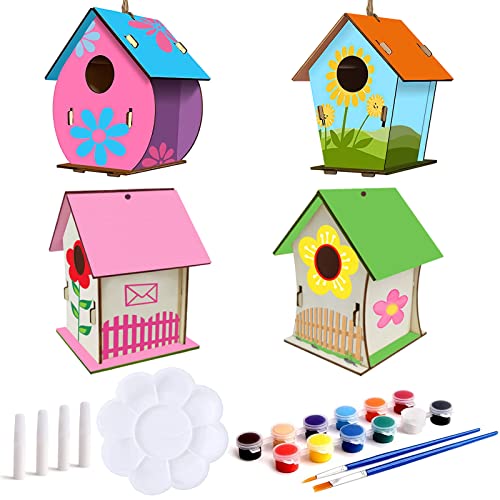 4PCS Bricolaje de Madera para Pájaros, Pajarera de Madera para Pintar y Montar, Casita Pájaros Pintura para Niños y...