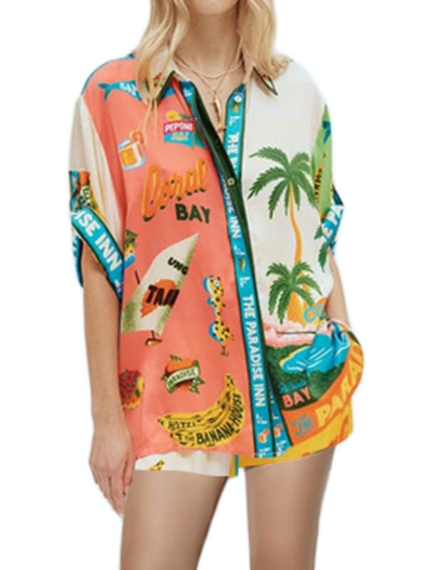 NUFIWI Vintage Graffiti 2 Pieces Shorts Sets for Women Floral Fruit Print Short Sleeve Shirt and Casual Shorts Beachwear Suit