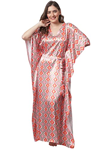 Image of Claura Orange Digital Print Silk Satin Women Kaftan Nightdress /Kaftan Nighty for Women