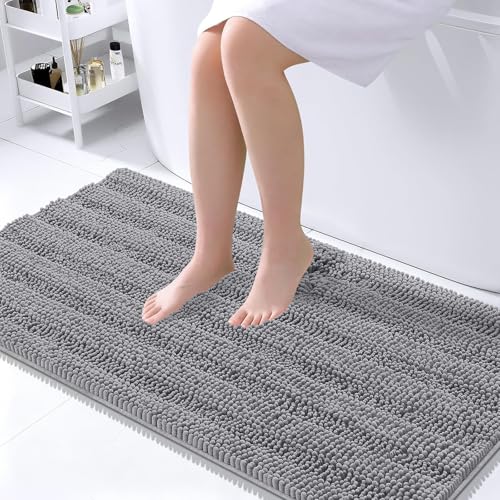Image of OLANLY Thick Large Bathroom Rugs 45x27, Extra Soft Absorbent Chenille Striped Bath Rugs, Rubber Backing, Machine Wash Dry, Bath Mats for Bathroom Floor, Tub and Shower, Home Decor Accessories, Grey
