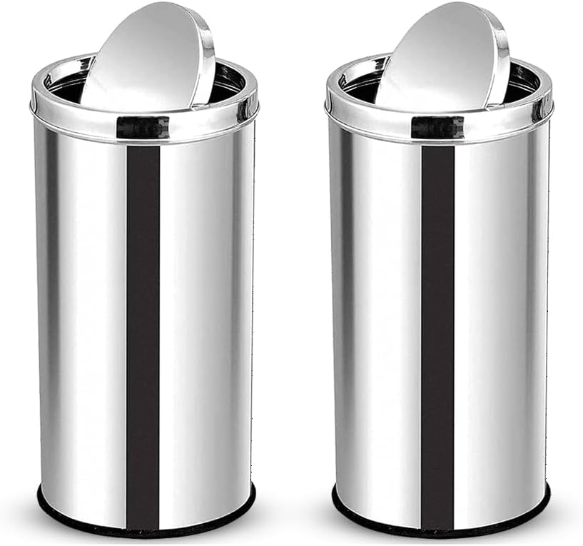 Stainless Steel Swing lid dustbin, Garbage Bin, Trash Can, with removable lid For Home, Kitchen, Bathroom, Office & Commercial Use - 14x24 In -60 Liter, Silver, Pack of 2