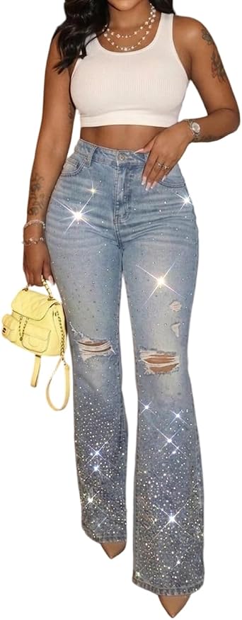Womens High Waisted Rhinestone Flare Jeans Distressed Ripped Bell Bottom Denim Pants Sparkly Y2K Streetwear