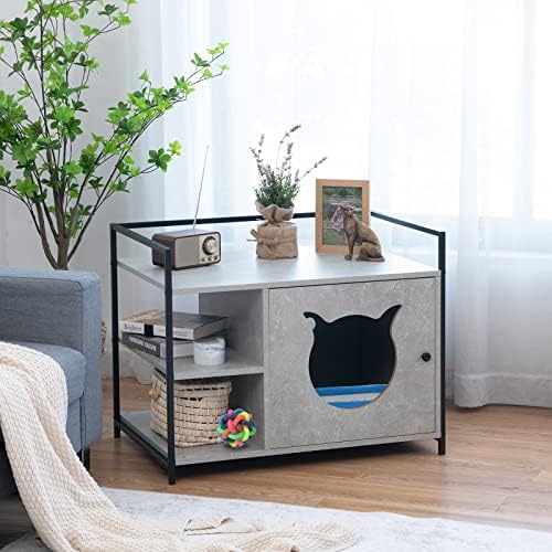 Maxmass Wooden Cat Litter Box, Hidden Cat House Toilet with 2 Shelves and Large Tabletop, Kitty Washroom Pet Enclosure for Indoor Sleeping Relaxing (Grey)