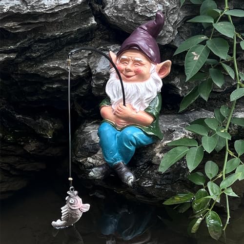 JINITAIMEI Fishing Gnome Outdoor Statue Garden Decor, Garden Gnomes Decoration for Yard, 9.7” Fishing Gnomes Statue Outdoor Garden Decor, Fishing Guy for Waterfalls or Koi Pond Decor, Gifts for Women
