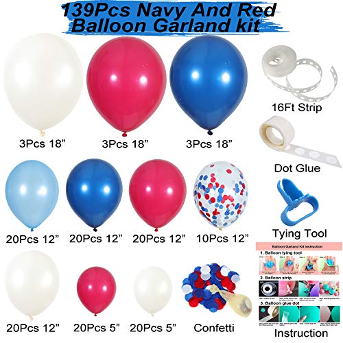 Navy Blue Red White Balloon Garland Kit,139 Pack Navy Red White Confetti Balloon For Boy Blue Birthday Baseball Nautical Theme Party American Flag Party Election Party July 4Th Decorations #TOP2