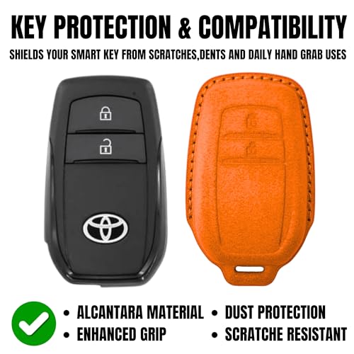 Image of KMH Alcantara Car Key Cover Compatible with Toyota Innova Crysta Hilux 2 Buttons Shell Case Car Accessories Key Smart Keycover with Keychain (D2) Orange - Pack of 1