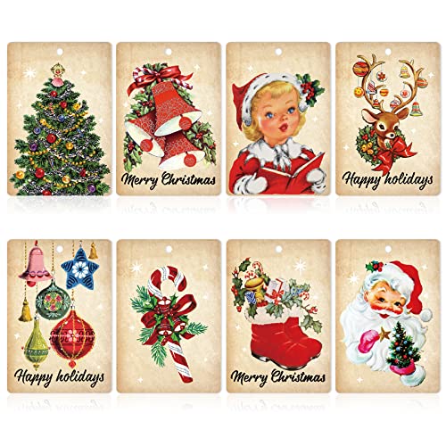 AnyDesign Vintage Christmas Paper Gift Tags with Hemp Rope - Retro Santa Reindeer & Xmas Tree Designs - Pre-Punched with Holes - 120 Pcs