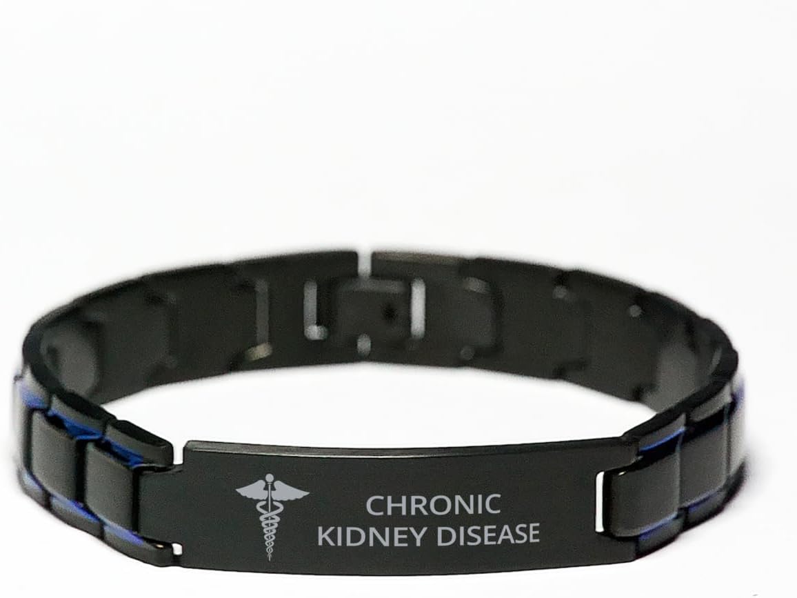 Medical Blue Black Metal Bracelet, Chronic Kidney Disease Awareness, Medical Symbol, SOS Emergency Health Life Alert ID Engraved Stainless Steel Silver Jewelry Adjustable Bracelet For Men Women